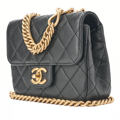 CHANEL Chain Shoulder Bag Mini Matelasse 17cm Calfskin Single Flap Turn Lock Black Gold-Tone Hardware, Pre-Owned