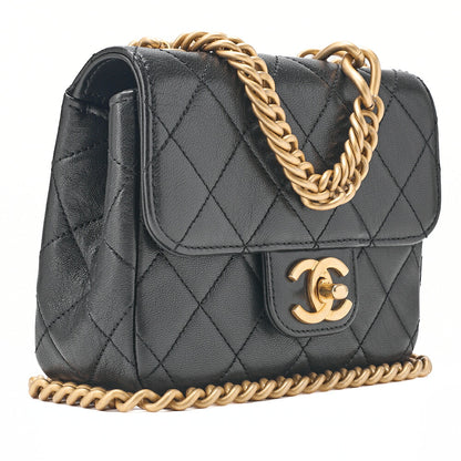 CHANEL Chain Shoulder Bag Mini Matelasse 17cm Calfskin Single Flap Turn Lock Black Gold-Tone Hardware, Pre-Owned