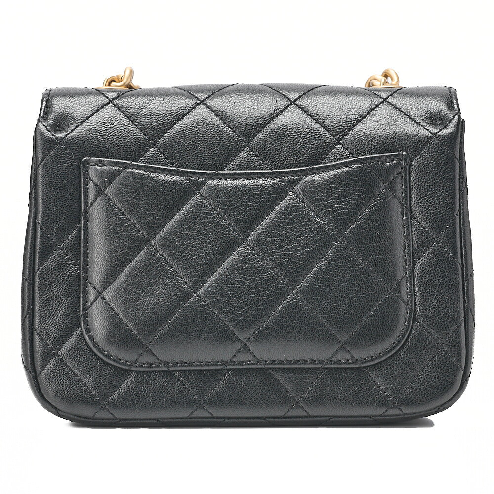 CHANEL Chain Shoulder Bag Mini Matelasse 17cm Calfskin Single Flap Turn Lock Black Gold-Tone Hardware, Pre-Owned