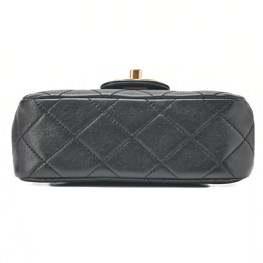 CHANEL Chain Shoulder Bag Mini Matelasse 17cm Calfskin Single Flap Turn Lock Black Gold-Tone Hardware, Pre-Owned
