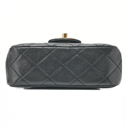 CHANEL Chain Shoulder Bag Mini Matelasse 17cm Calfskin Single Flap Turn Lock Black Gold-Tone Hardware, Pre-Owned