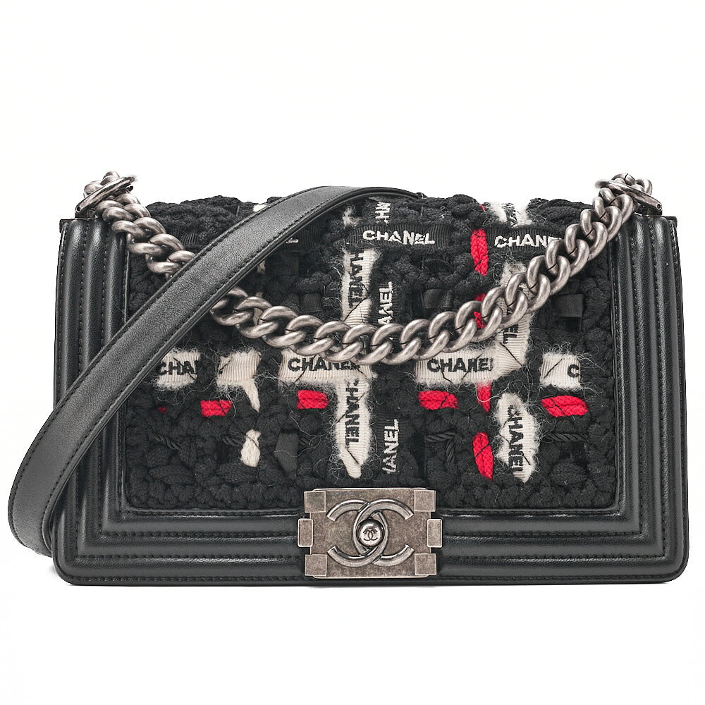 CHANEL Tweed X Lambskin Boy Chanel Braided Logo Mark Chain Shoulder Black Silver-Tone Hardware, Pre-Owned
