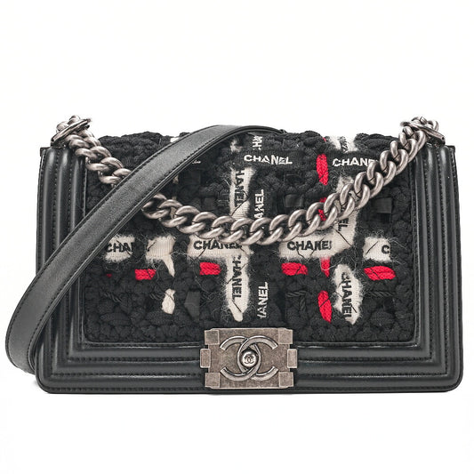 CHANEL Tweed X Lambskin Boy Chanel Braided Logo Mark Chain Shoulder Black Silver-Tone Hardware, Pre-Owned