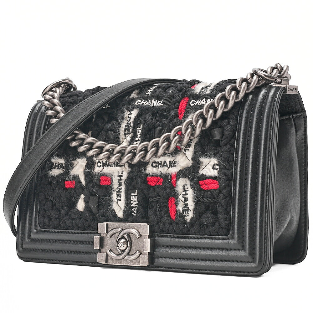 CHANEL Tweed X Lambskin Boy Chanel Braided Logo Mark Chain Shoulder Black Silver-Tone Hardware, Pre-Owned