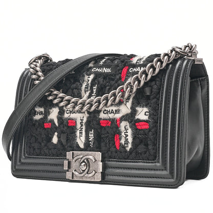 CHANEL Tweed X Lambskin Boy Chanel Braided Logo Mark Chain Shoulder Black Silver-Tone Hardware, Pre-Owned