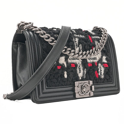 CHANEL Tweed X Lambskin Boy Chanel Braided Logo Mark Chain Shoulder Black Silver-Tone Hardware, Pre-Owned