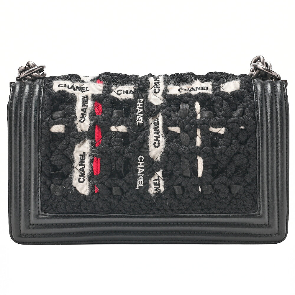 CHANEL Tweed X Lambskin Boy Chanel Braided Logo Mark Chain Shoulder Black Silver-Tone Hardware, Pre-Owned
