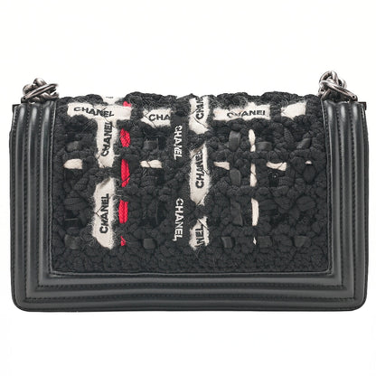 CHANEL Tweed X Lambskin Boy Chanel Braided Logo Mark Chain Shoulder Black Silver-Tone Hardware, Pre-Owned