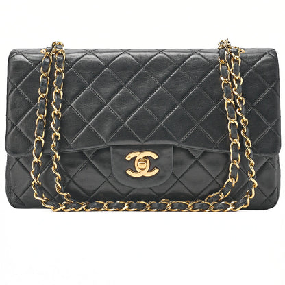 CHANEL Chain Shoulder Bag Matelasse Double Flap 25cm Lambskin Black Gold-Tone Hardware, Pre-Owned