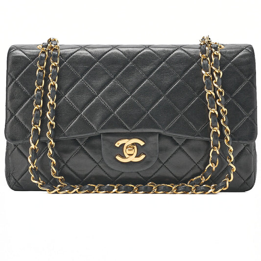 CHANEL Chain Shoulder Bag Matelasse Double Flap 25cm Lambskin Black Gold-Tone Hardware, Pre-Owned