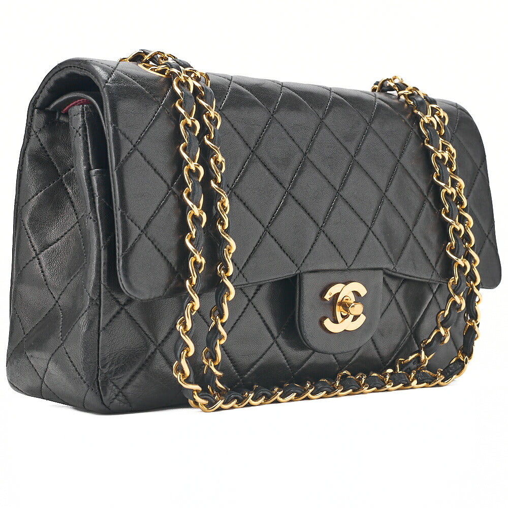CHANEL Chain Shoulder Bag Matelasse Double Flap 25cm Lambskin Black Gold-Tone Hardware, Pre-Owned