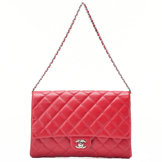 CHANEL Caviar Skin Matelasse Single Flap Chain Shoulder Red Silver-Tone Hardware, Pre-Owned