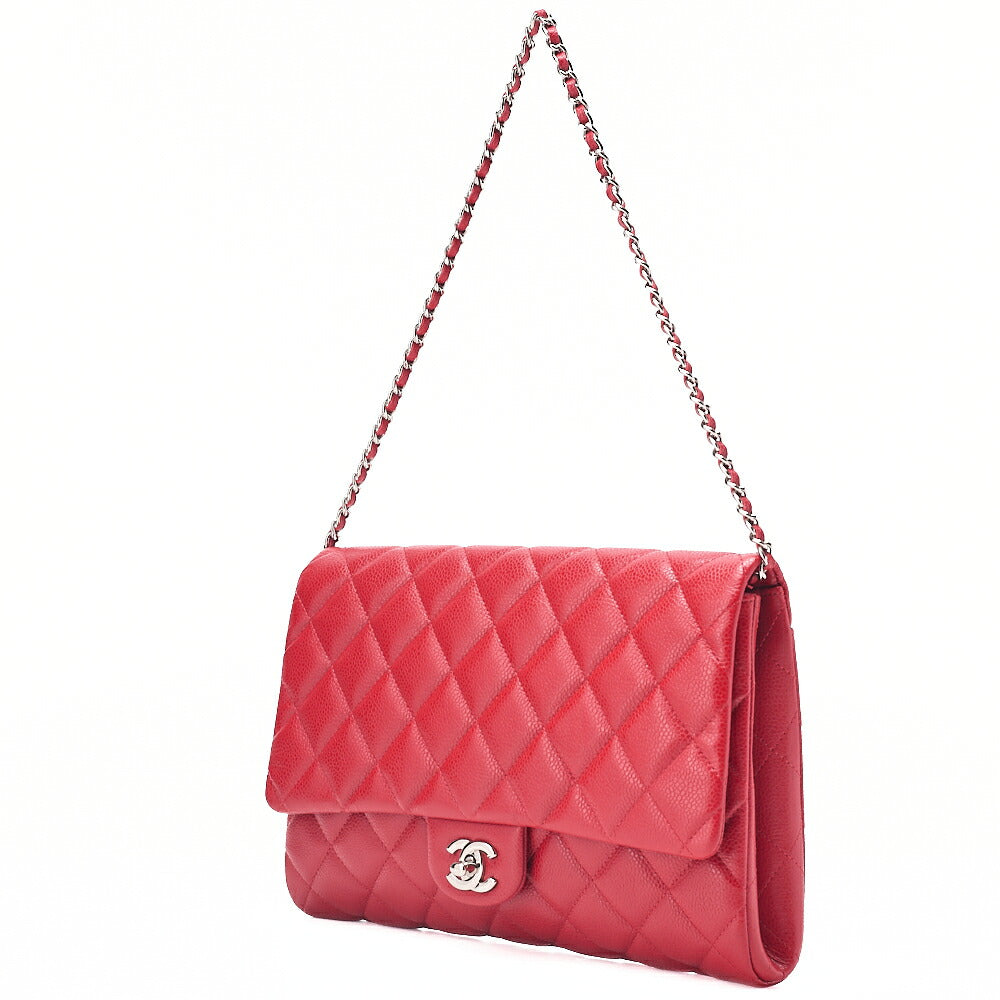 CHANEL Caviar Skin Matelasse Single Flap Chain Shoulder Red Silver-Tone Hardware, Pre-Owned
