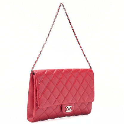 CHANEL Caviar Skin Matelasse Single Flap Chain Shoulder Red Silver-Tone Hardware, Pre-Owned