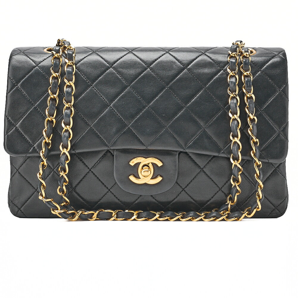 CHANEL Chain Shoulder Bag Matelasse Double Flap 25cm Lambskin Black Gold-Tone Hardware, Pre-Owned