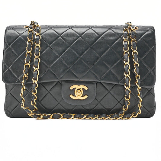 CHANEL Chain Shoulder Bag Matelasse Double Flap 25cm Lambskin Black Gold-Tone Hardware, Pre-Owned