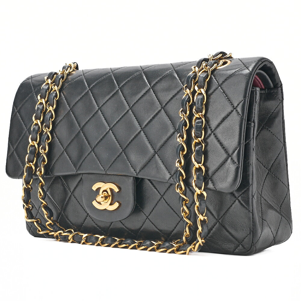 CHANEL Chain Shoulder Bag Matelasse Double Flap 25cm Lambskin Black Gold-Tone Hardware, Pre-Owned