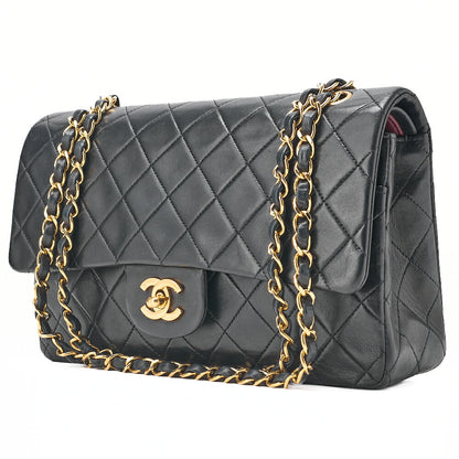 CHANEL Chain Shoulder Bag Matelasse Double Flap 25cm Lambskin Black Gold-Tone Hardware, Pre-Owned