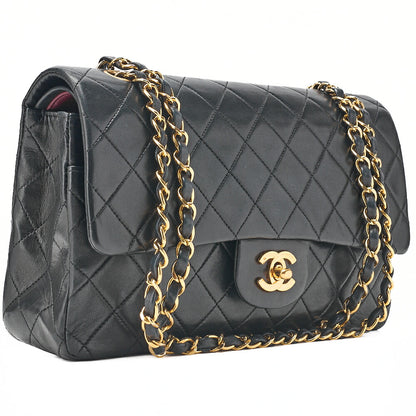CHANEL Chain Shoulder Bag Matelasse Double Flap 25cm Lambskin Black Gold-Tone Hardware, Pre-Owned
