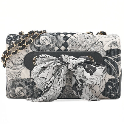 CHANEL Corduroy x Lambskin Camellia Line Chain Shoulder White x Black Gold-Tone Hardware, Pre-Owned