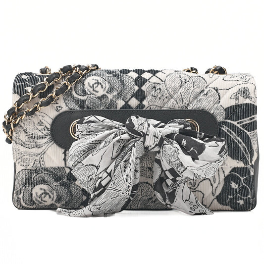 CHANEL Corduroy x Lambskin Camellia Line Chain Shoulder White x Black Gold-Tone Hardware, Pre-Owned