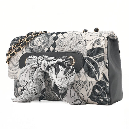 CHANEL Corduroy x Lambskin Camellia Line Chain Shoulder White x Black Gold-Tone Hardware, Pre-Owned