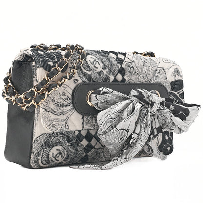 CHANEL Corduroy x Lambskin Camellia Line Chain Shoulder White x Black Gold-Tone Hardware, Pre-Owned