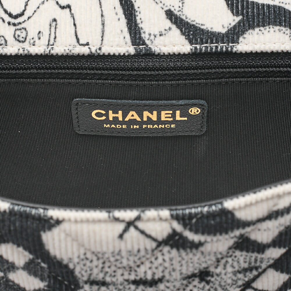 CHANEL Corduroy x Lambskin Camellia Line Chain Shoulder White x Black Gold-Tone Hardware, Pre-Owned