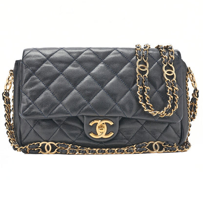CHANEL Mini Matelasse Luxury Chain Shoulder Caviar Skin Navy Gold-Tone Hardware, Pre-Owned