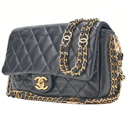 CHANEL Mini Matelasse Luxury Chain Shoulder Caviar Skin Navy Gold-Tone Hardware, Pre-Owned