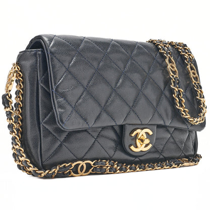 CHANEL Mini Matelasse Luxury Chain Shoulder Caviar Skin Navy Gold-Tone Hardware, Pre-Owned