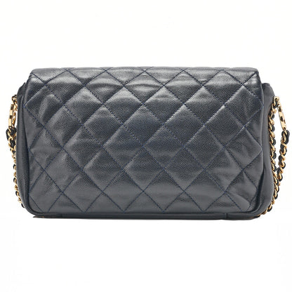 CHANEL Mini Matelasse Luxury Chain Shoulder Caviar Skin Navy Gold-Tone Hardware, Pre-Owned