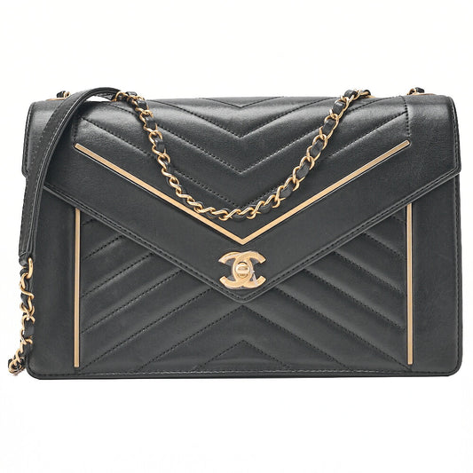 CHANEL Lambskin V-Stitch Chevron Chain Shoulder Turn Lock Black Gold-Tone Hardware, Pre-Owned