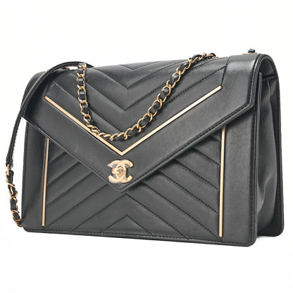 CHANEL Lambskin V-Stitch Chevron Chain Shoulder Turn Lock Black Gold-Tone Hardware, Pre-Owned