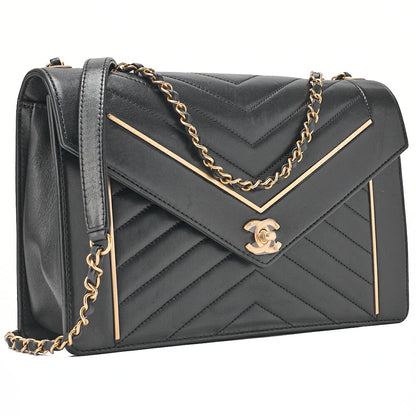 CHANEL Lambskin V-Stitch Chevron Chain Shoulder Turn Lock Black Gold-Tone Hardware, Pre-Owned