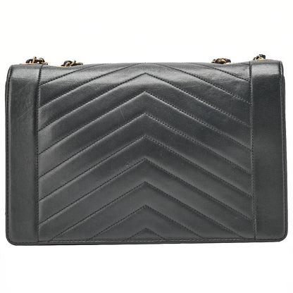 CHANEL Lambskin V-Stitch Chevron Chain Shoulder Turn Lock Black Gold-Tone Hardware, Pre-Owned
