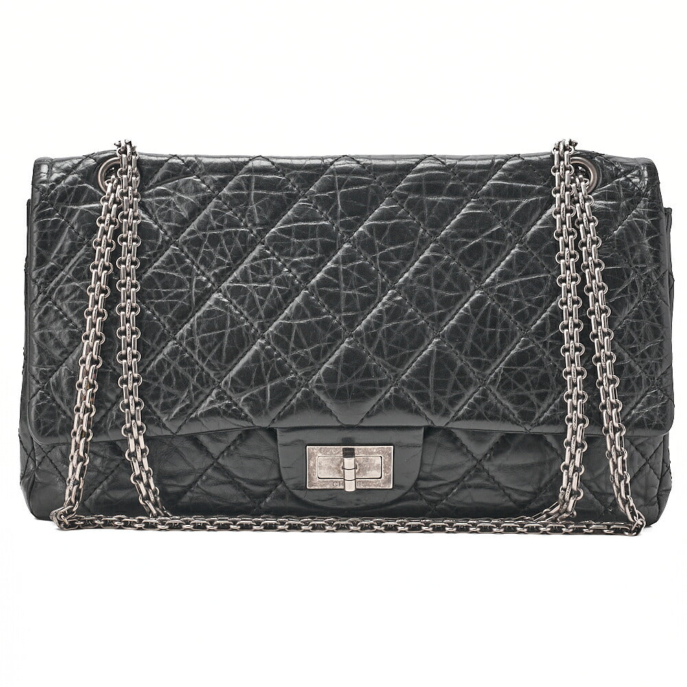 CHANEL 2.55 Chain Shoulder Bag Matelasse Double Flap Vintage Calf Black Silver-Tone Hardware, Pre-Owned
