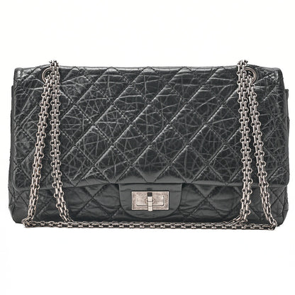 CHANEL 2.55 Chain Shoulder Bag Matelasse Double Flap Vintage Calf Black Silver-Tone Hardware, Pre-Owned