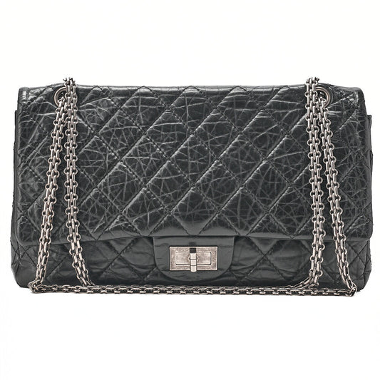 CHANEL 2.55 Chain Shoulder Bag Matelasse Double Flap Vintage Calf Black Silver-Tone Hardware, Pre-Owned