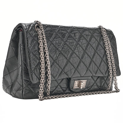 CHANEL 2.55 Chain Shoulder Bag Matelasse Double Flap Vintage Calf Black Silver-Tone Hardware, Pre-Owned