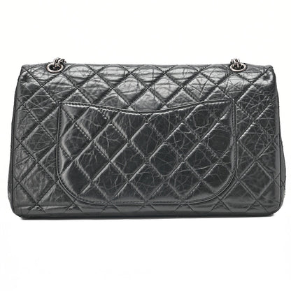 CHANEL 2.55 Chain Shoulder Bag Matelasse Double Flap Vintage Calf Black Silver-Tone Hardware, Pre-Owned