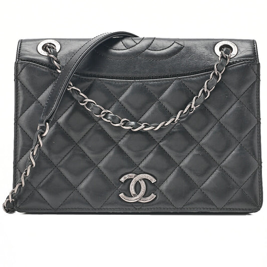 CHANEL Vintage Calf Matelasse Top Coco Mark Full Flap Chain Shoulder Black Silver-Tone Hardware, Pre-Owned