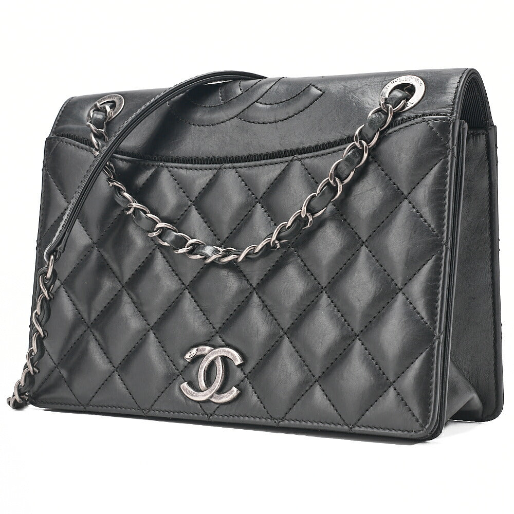 CHANEL Vintage Calf Matelasse Top Coco Mark Full Flap Chain Shoulder Black Silver-Tone Hardware, Pre-Owned