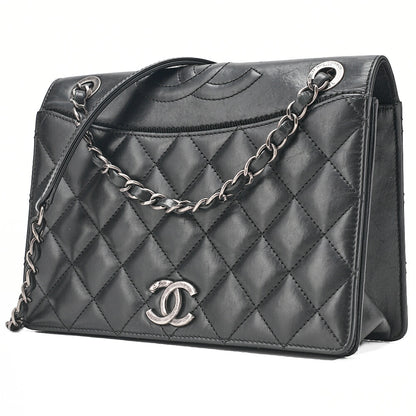 CHANEL Vintage Calf Matelasse Top Coco Mark Full Flap Chain Shoulder Black Silver-Tone Hardware, Pre-Owned
