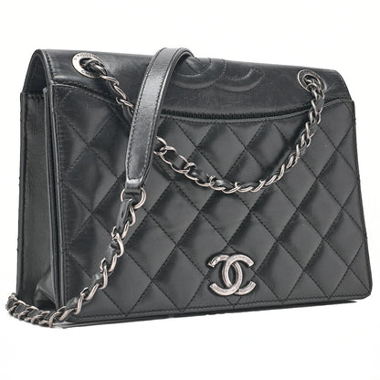CHANEL Vintage Calf Matelasse Top Coco Mark Full Flap Chain Shoulder Black Silver-Tone Hardware, Pre-Owned