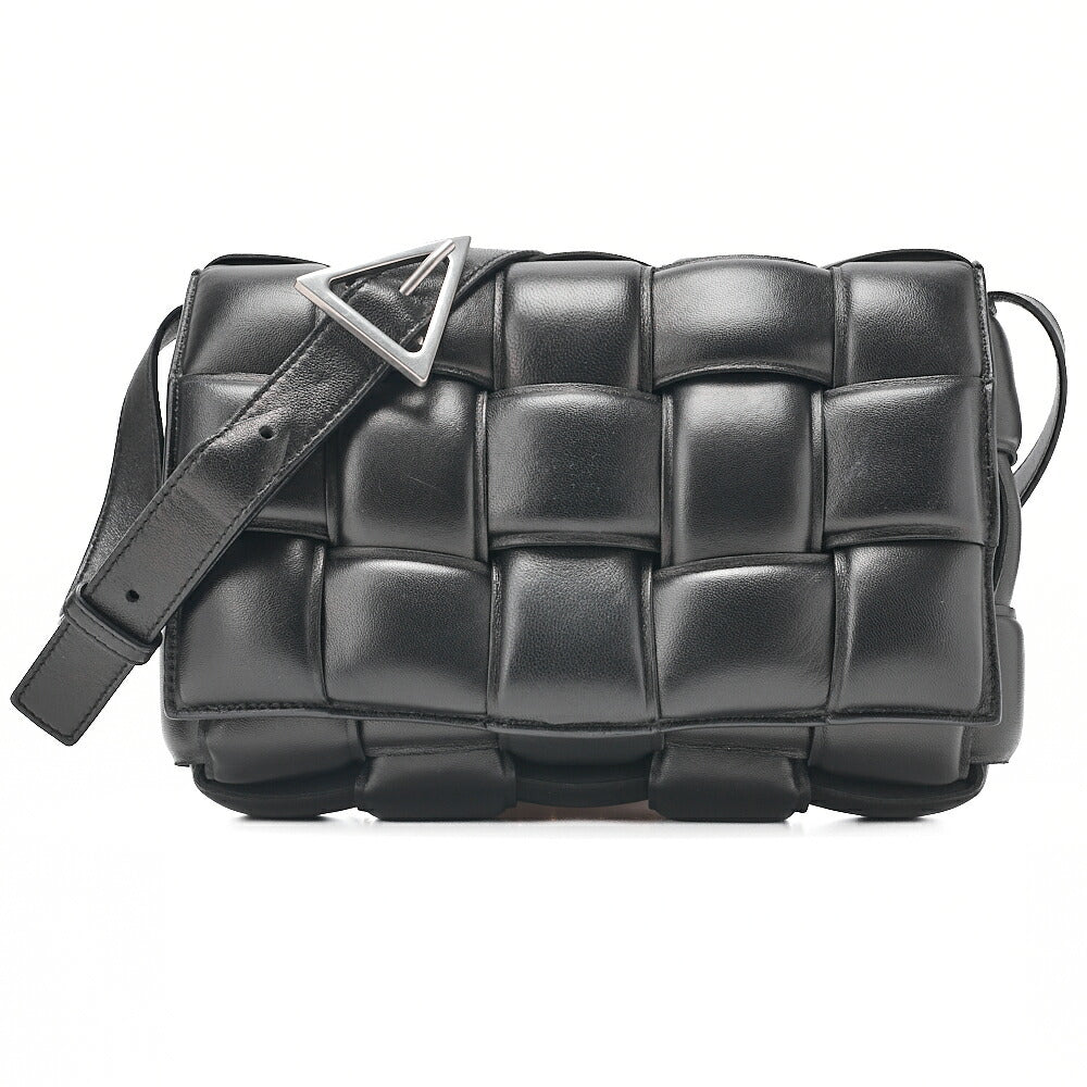 BOTTEGA VENETA Bottega Intrecciato Lambskin Padded Cassette Shoulder Bag Black Silver-Tone Hardware, Pre-Owned
