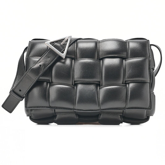 BOTTEGA VENETA Bottega Intrecciato Lambskin Padded Cassette Shoulder Bag Black Silver-Tone Hardware, Pre-Owned