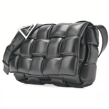 BOTTEGA VENETA Bottega Intrecciato Lambskin Padded Cassette Shoulder Bag Black Silver-Tone Hardware, Pre-Owned
