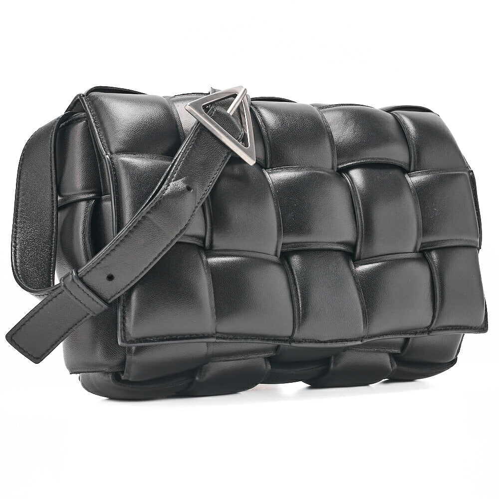 BOTTEGA VENETA Bottega Intrecciato Lambskin Padded Cassette Shoulder Bag Black Silver-Tone Hardware, Pre-Owned