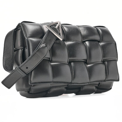 BOTTEGA VENETA Bottega Intrecciato Lambskin Padded Cassette Shoulder Bag Black Silver-Tone Hardware, Pre-Owned
